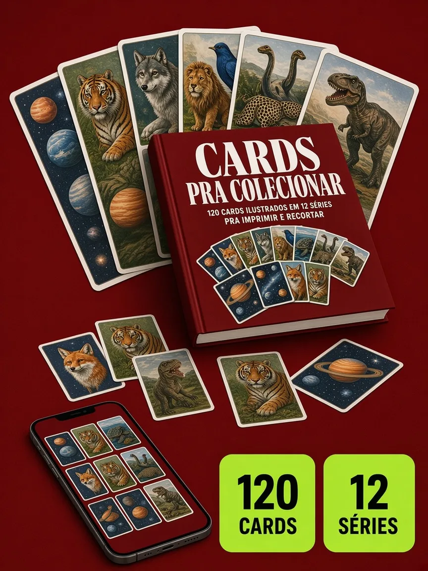 Montagem ilustrativa do Cards pra Colecionar: livro com a capa, páginas do material e celular