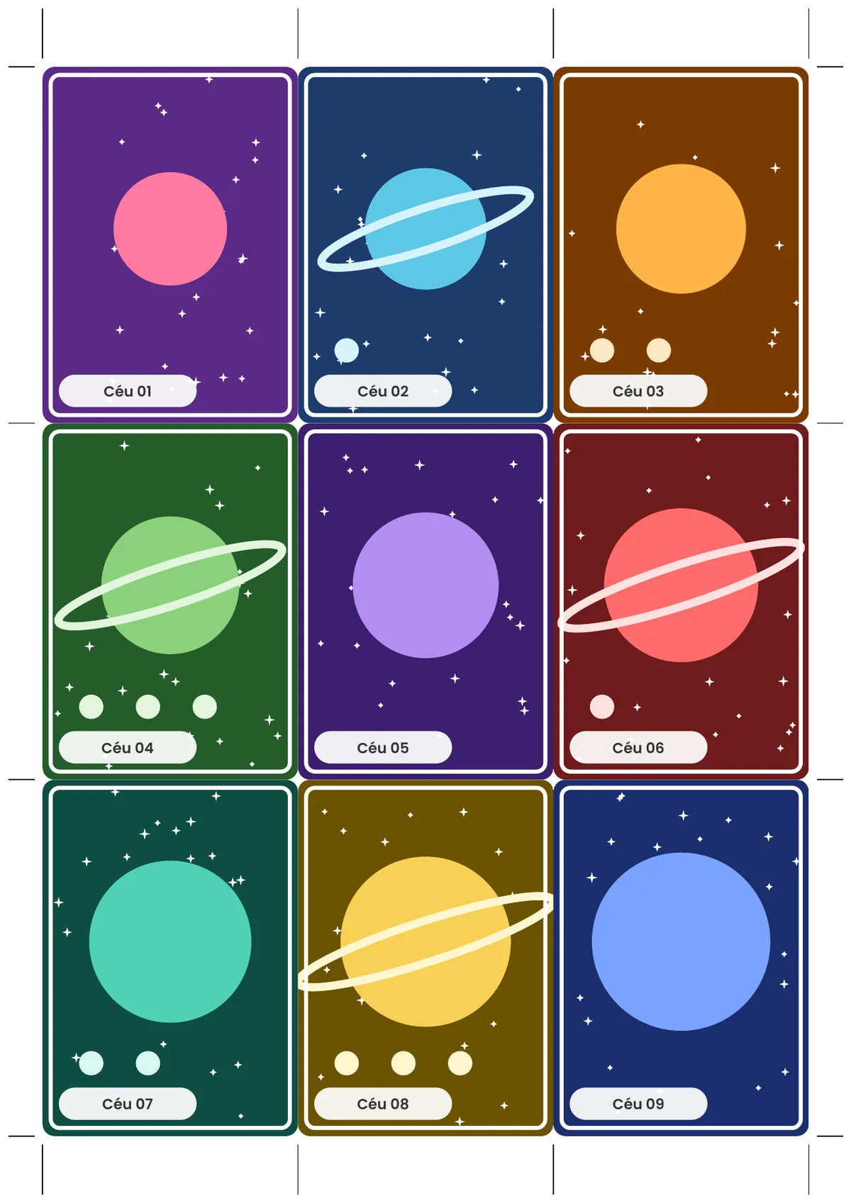 Página real do PDF Cards pra Colecionar: folha de frente da série Céu
