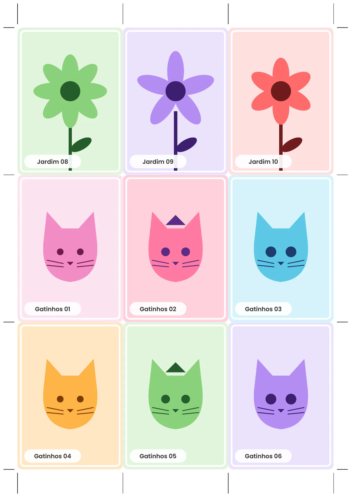 Página real do PDF Cards pra Colecionar: folha de frente: Jardim e Gatinhos