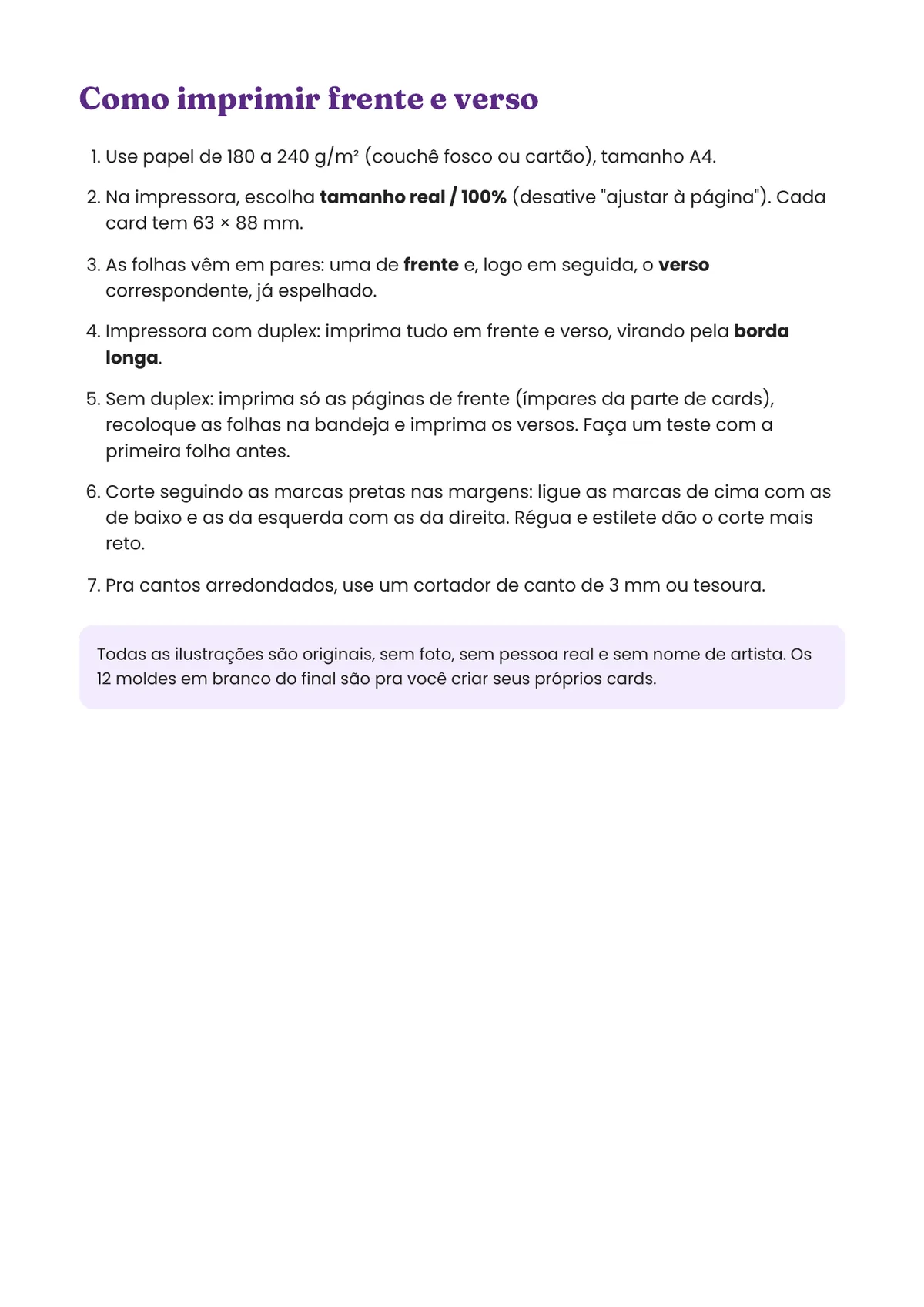 Página real do PDF Cards pra Colecionar: como imprimir frente e verso
